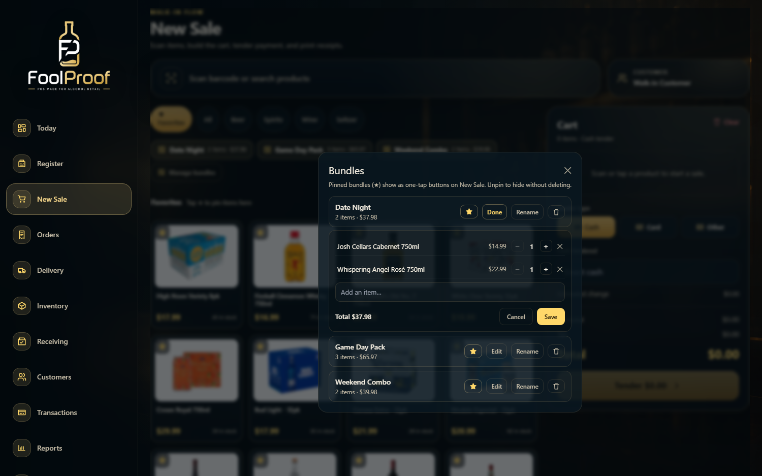 Bundles manager with an open editor showing each item, quantity steppers, an add-item search, and the running total