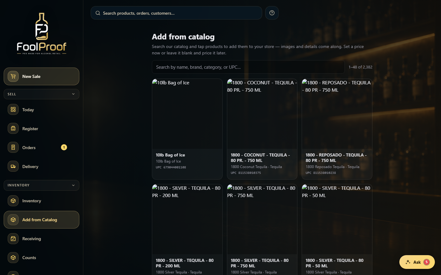 The Add from catalog browser: a search box and a grid of catalog products with images.