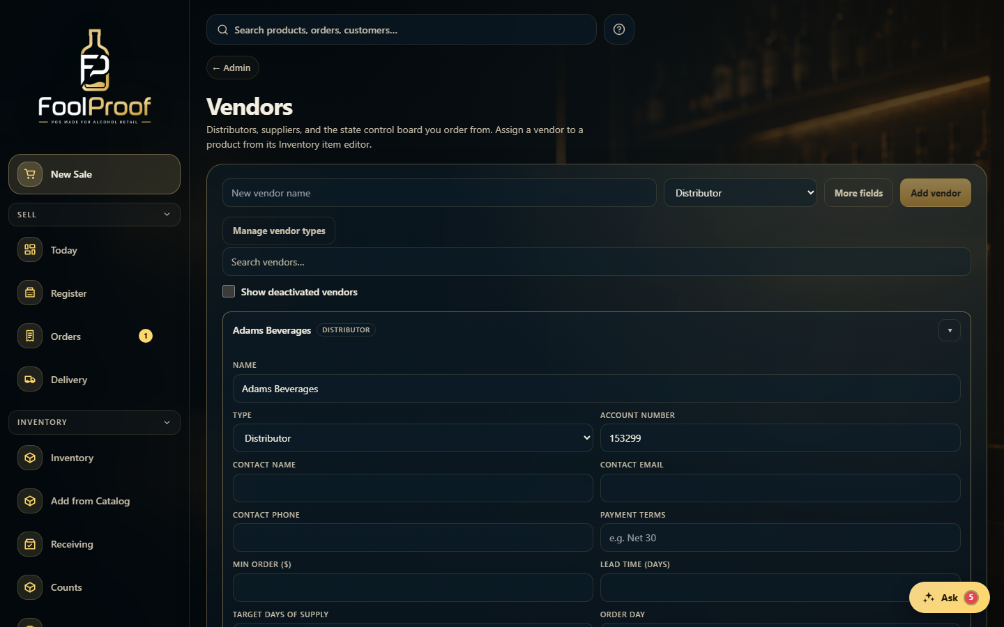 An expanded vendor with editable contact, account, terms, lead time, and order-day fields.