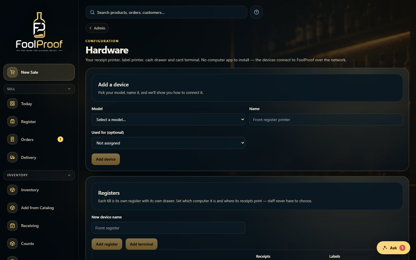 The Hardware page's Add-a-device card with model, name, and used-for fields.