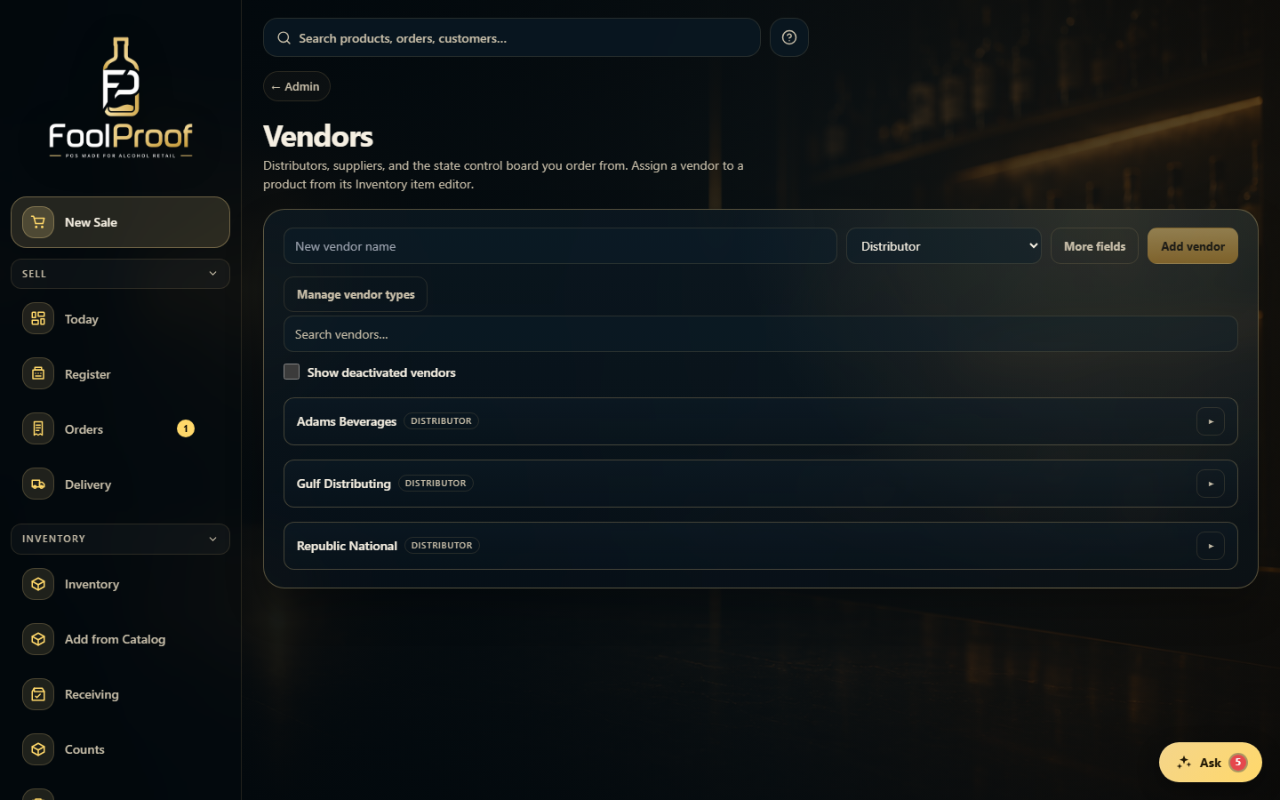 The Vendors page: an add-vendor row above a list of vendors.