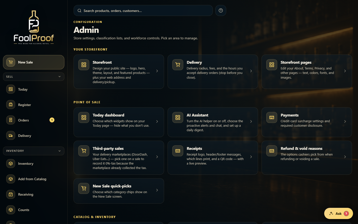 The Admin hub: settings tiles grouped into Your storefront and Point of sale.