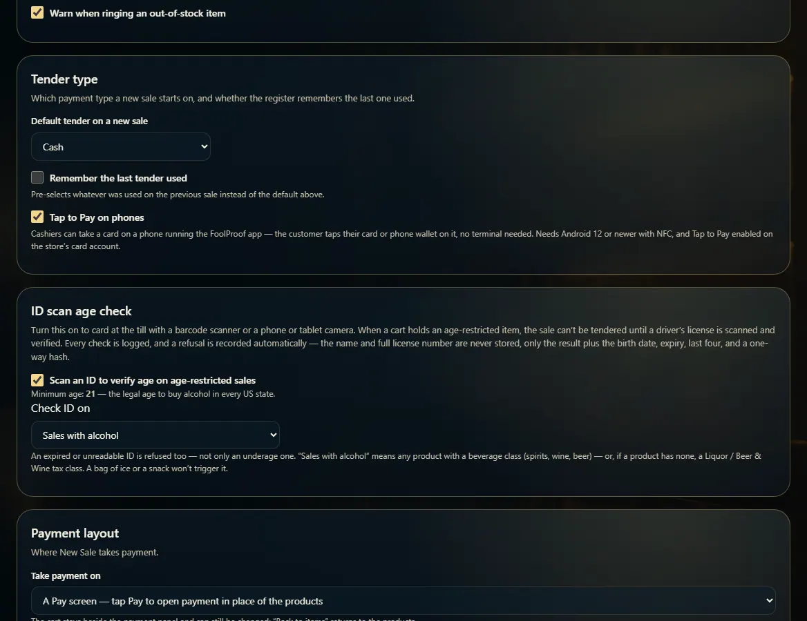 The ID scan age check settings: the on switch and the Check ID on choice.