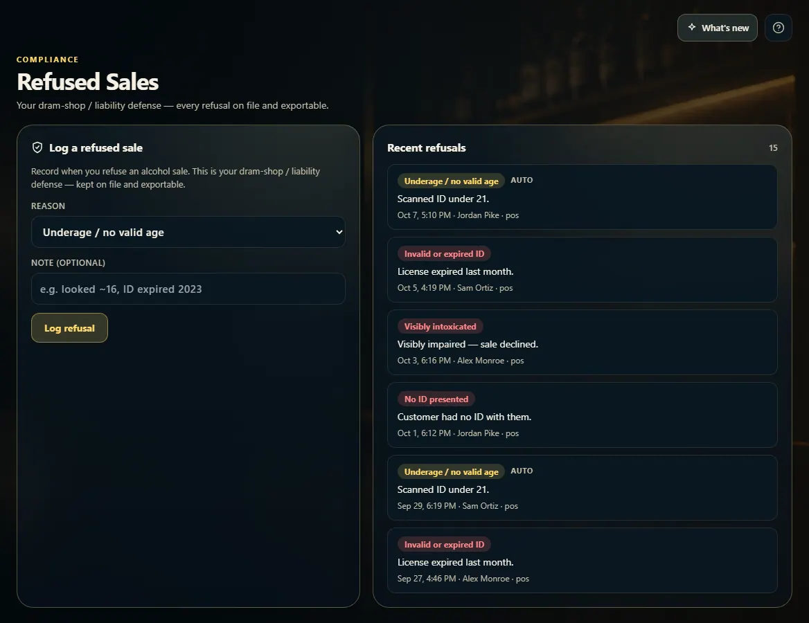 The Refused Sales page: a reason list, a note box, and the Log refusal button.
