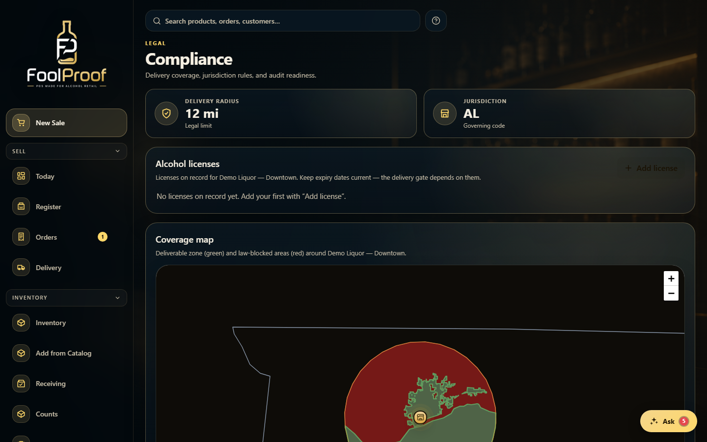 The Compliance page's radius/jurisdiction tiles and alcohol-licenses card.