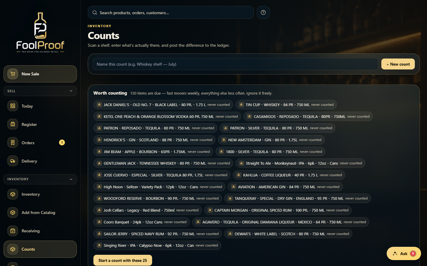 The Counts page: a name-this-count field and a list of items due for a count.
