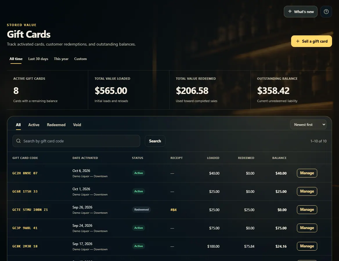 The Gift Cards page with summary tiles, status tabs, a code search, and the card list.