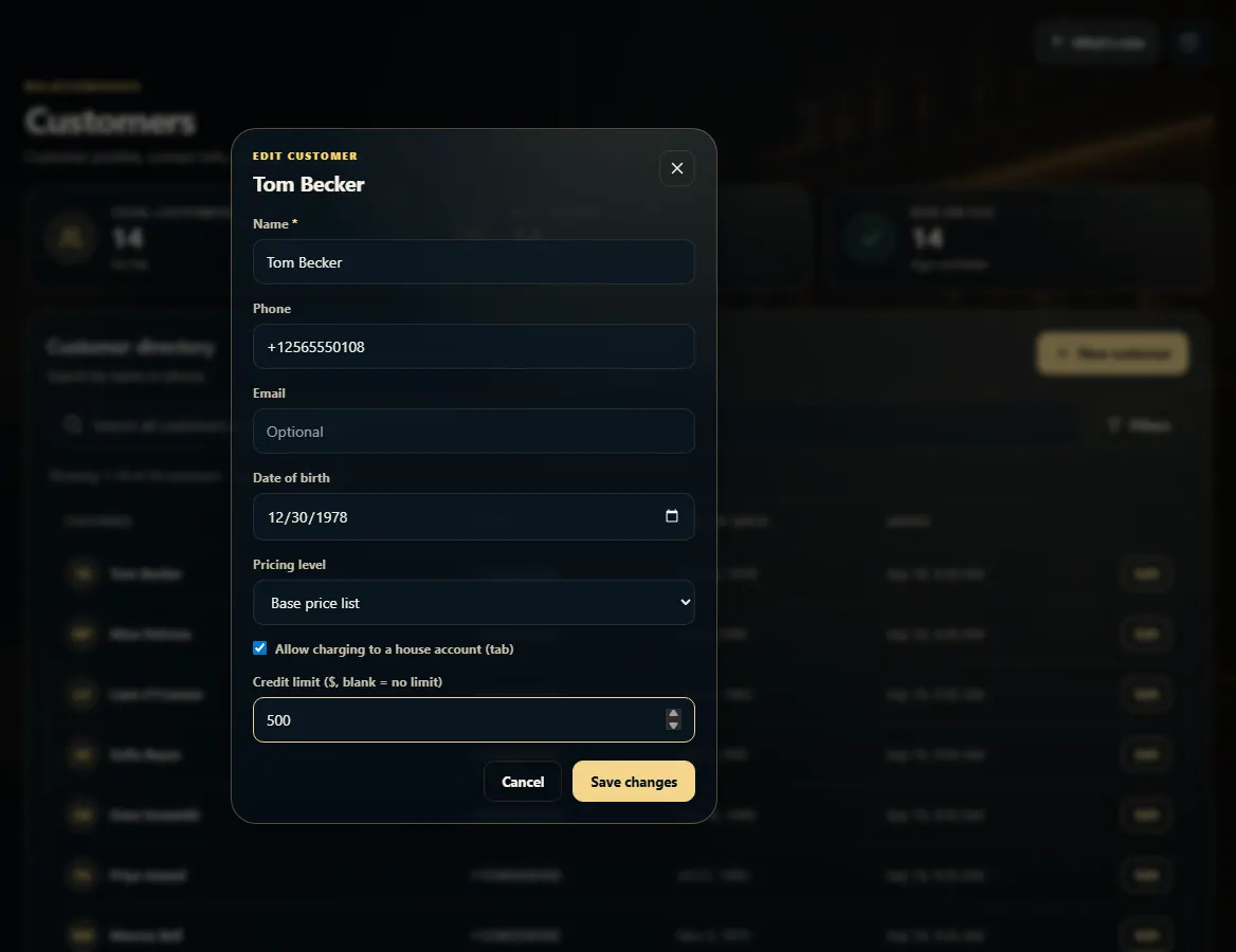 The Edit customer window with Allow charging to a house account ticked and a credit limit.