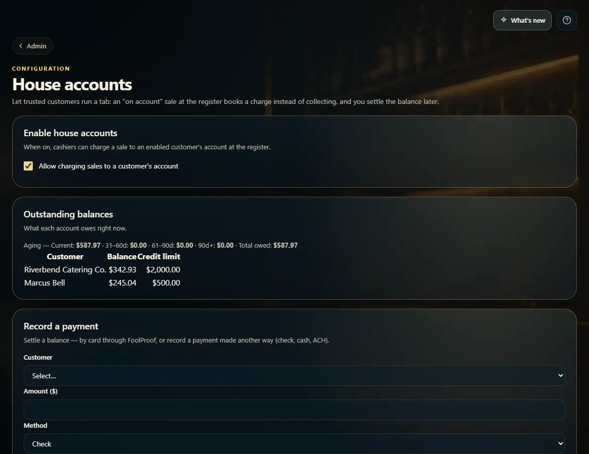 The House accounts page: the on/off switch, outstanding balances, and Record a payment.