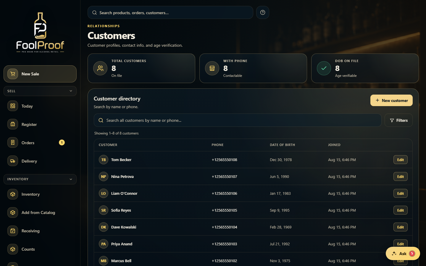 The Customers page: on-file tiles above the directory.
