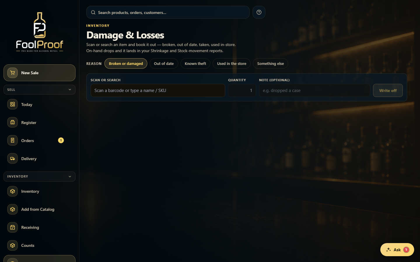 The Damage & Losses page with reason pills across the top.