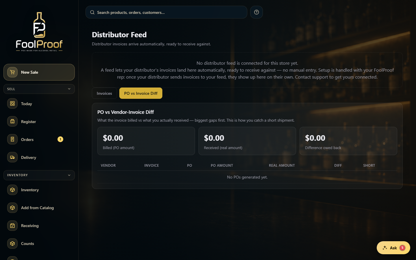 The PO vs Invoice Diff tab: billed / received / difference totals and a per-invoice table.
