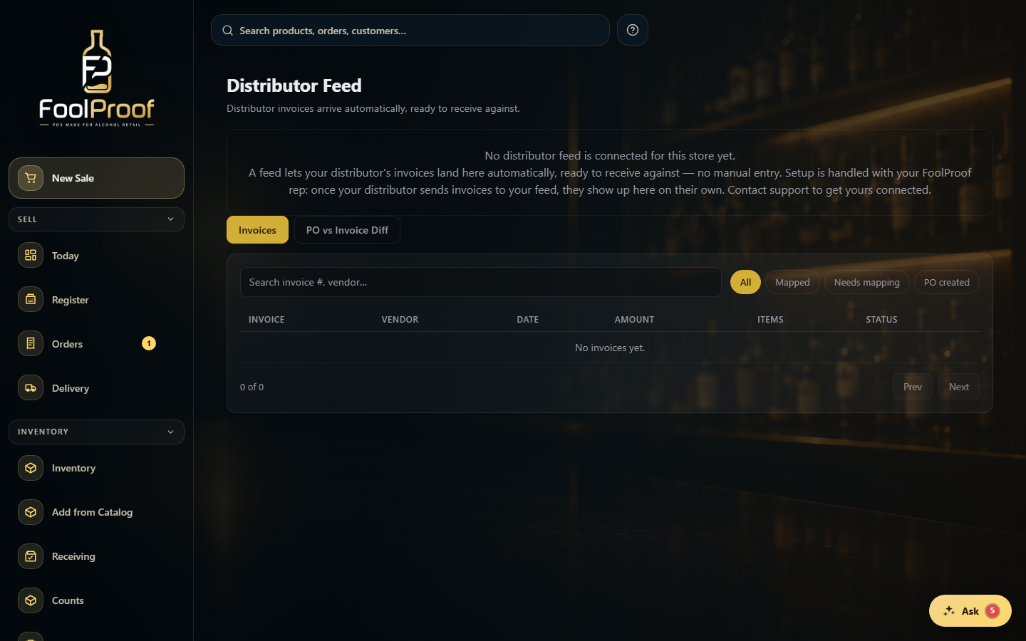 The Distributor Feed page: Invoices tab, status filters, and an invoice table.