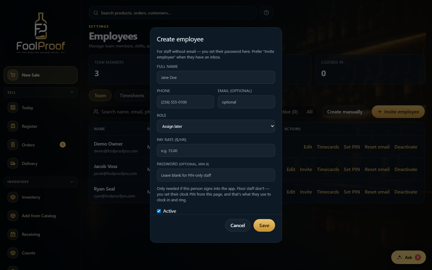 The Create employee dialog: name, phone, role, pay rate, and an optional password.