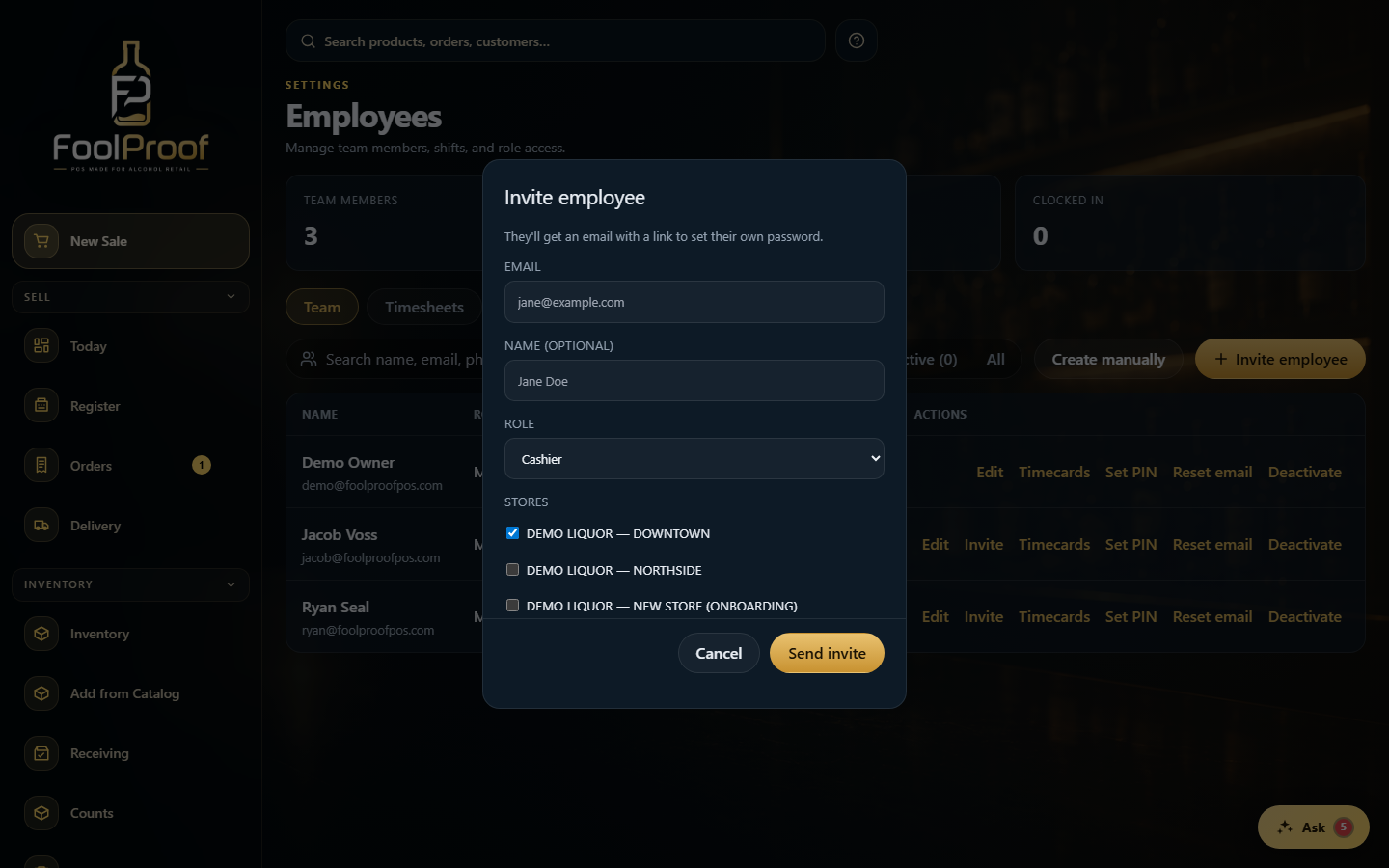 The Invite employee dialog: email, role, store checkboxes, and Send invite.