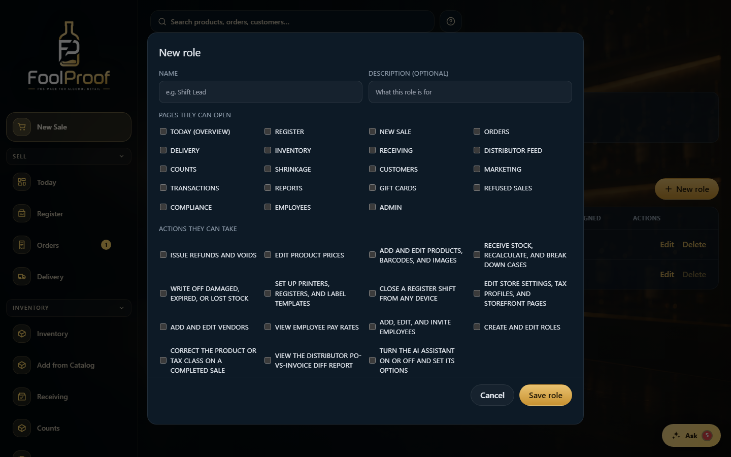 The role editor: a name, a grid of page checkboxes, a grid of action checkboxes, and Save.