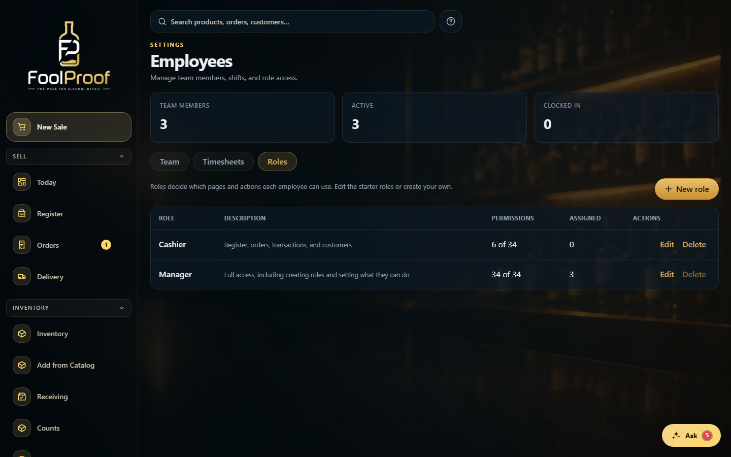 The Roles tab: a New role button and a table of roles with permission counts.