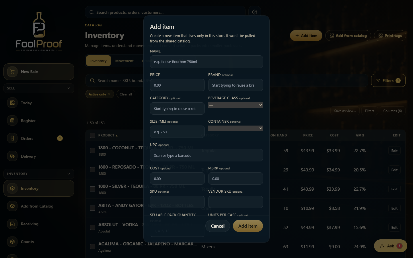 The Add item dialog: a required name and price, then optional fields, and Add item.