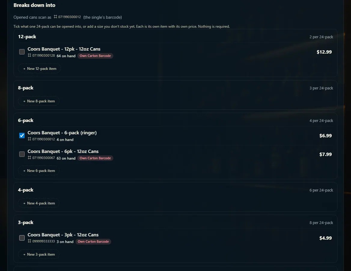 The breakdown setup: pack sizes with tick boxes for each item and buttons to add a new size.