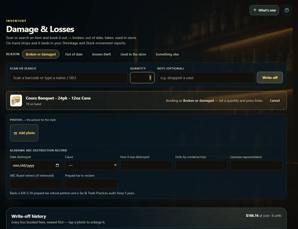 Damage & Losses with a reason chosen, an item scanned, and the Quantity, Note and Write off controls.