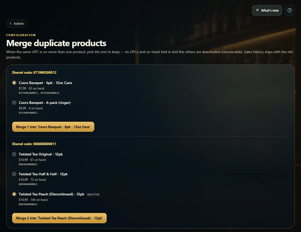 Merge duplicate products: a shared code, the products that use it, and the Merge button.