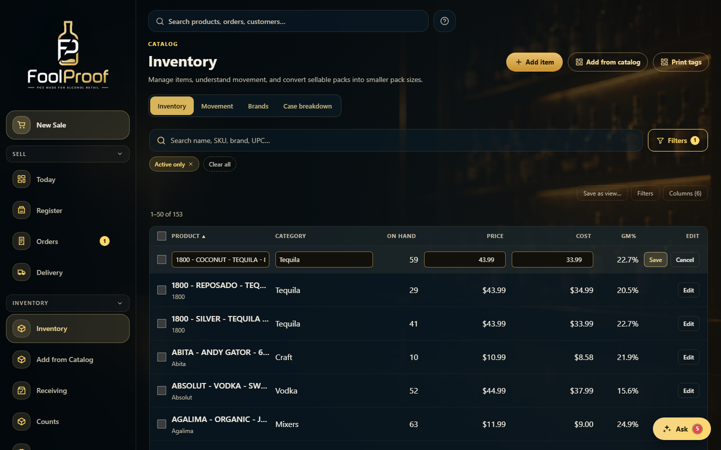 An inventory row in inline-edit mode with editable Price and Cost fields and Save.