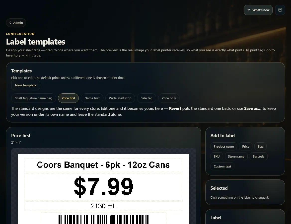 Label templates: a row of designs, the label preview, and Add to label buttons.
