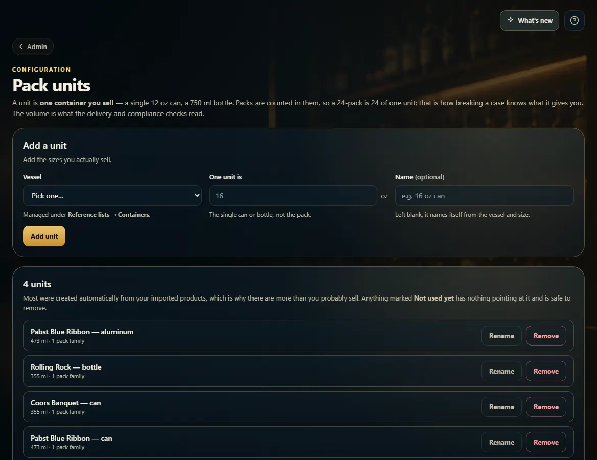 Admin → Pack units: the Add a unit form and the list of units.