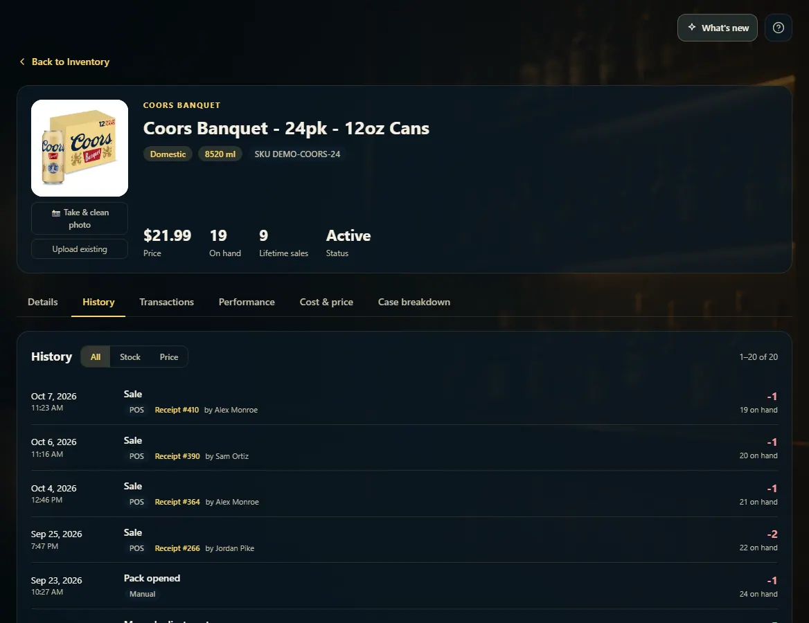 A product's History tab listing stock changes with dates, reasons and new on-hand.