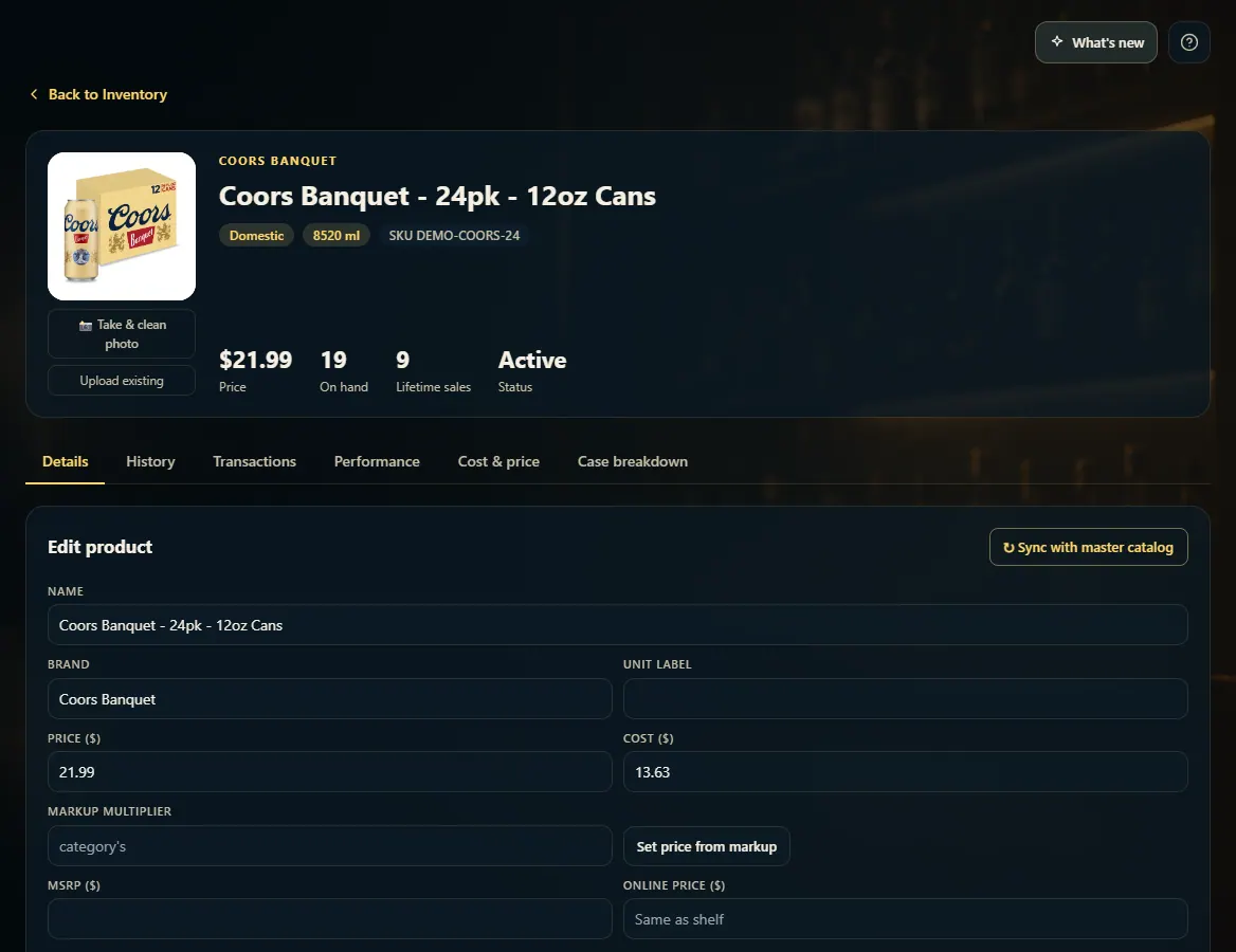 The product editor's Price, Cost, Markup multiplier and Set price from markup controls.