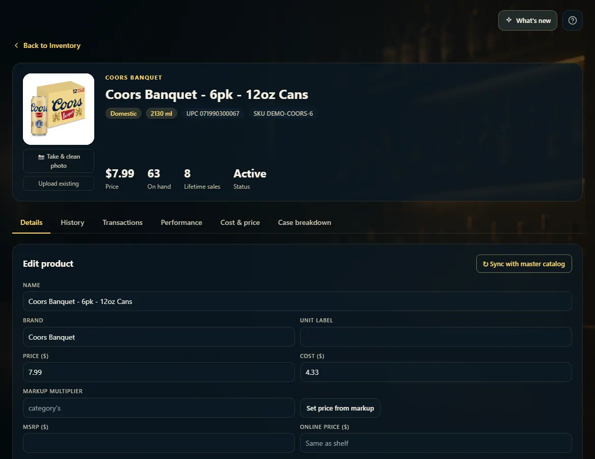 A product page: picture, price, on hand, tabs, and the Edit product form.
