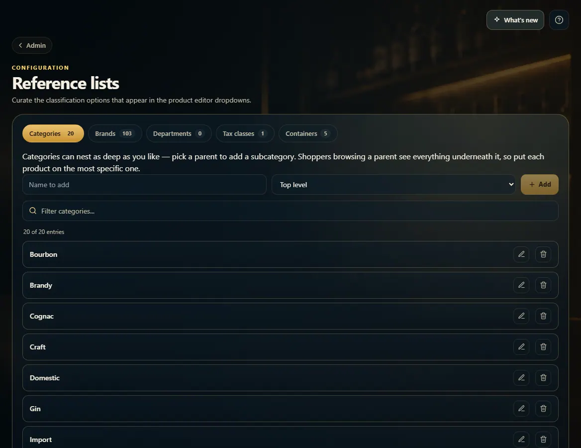 Admin → Reference lists with tabs for Categories, Brands, Departments, Tax classes and Containers.