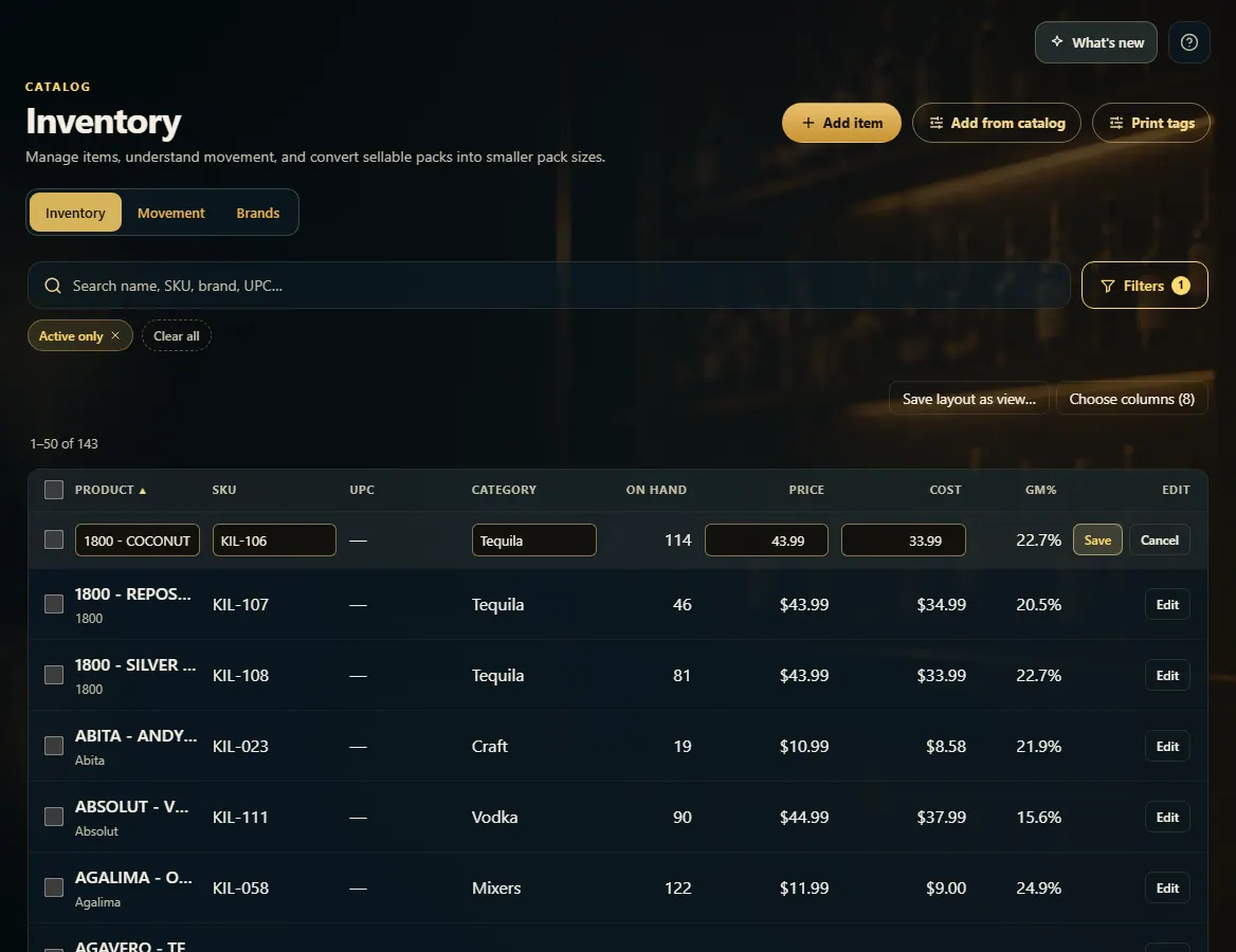 An Inventory row in edit mode with Price and Cost boxes and a Save button.