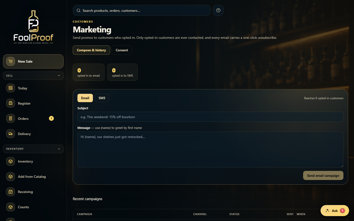 The Marketing Compose tab: an Email/SMS toggle, subject, message, and Send.