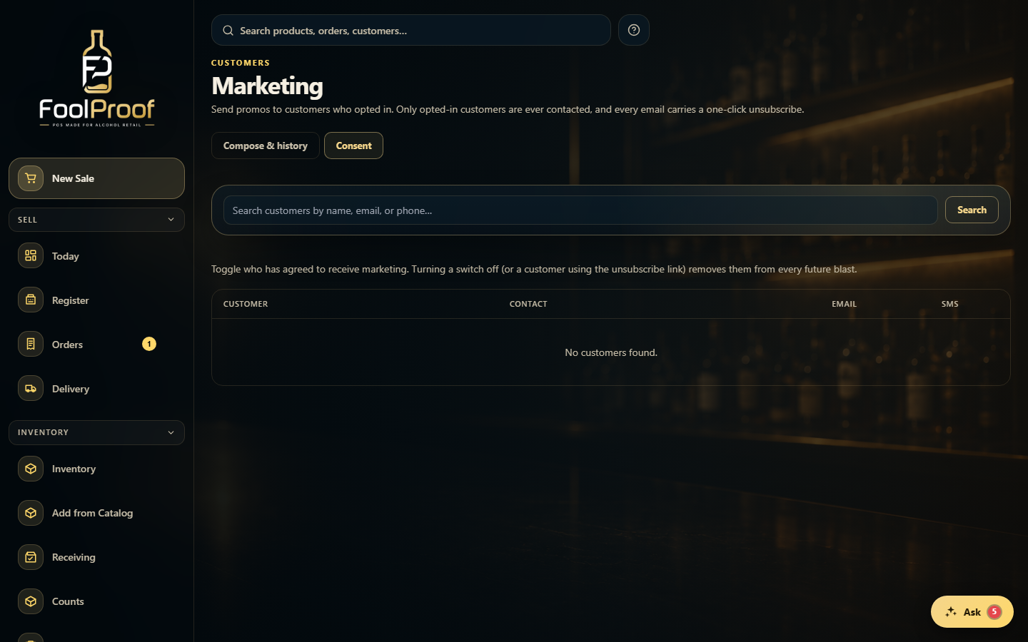 The Marketing Consent tab: search customers and toggle their email/SMS opt-in.