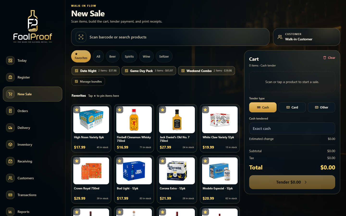 The New Sale register with the scan bar, product grid, and an empty cart.