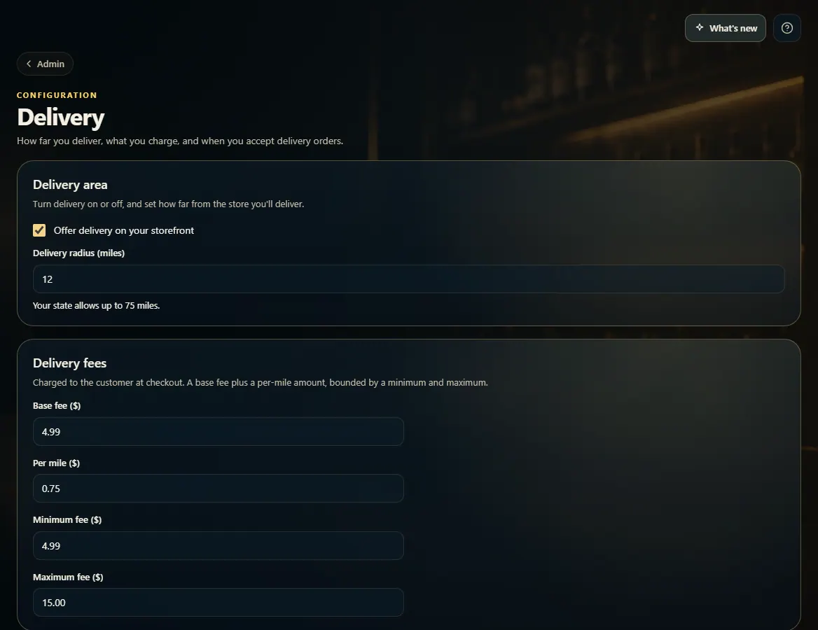 Admin Delivery settings: the delivery switch, radius, and delivery fee fields.