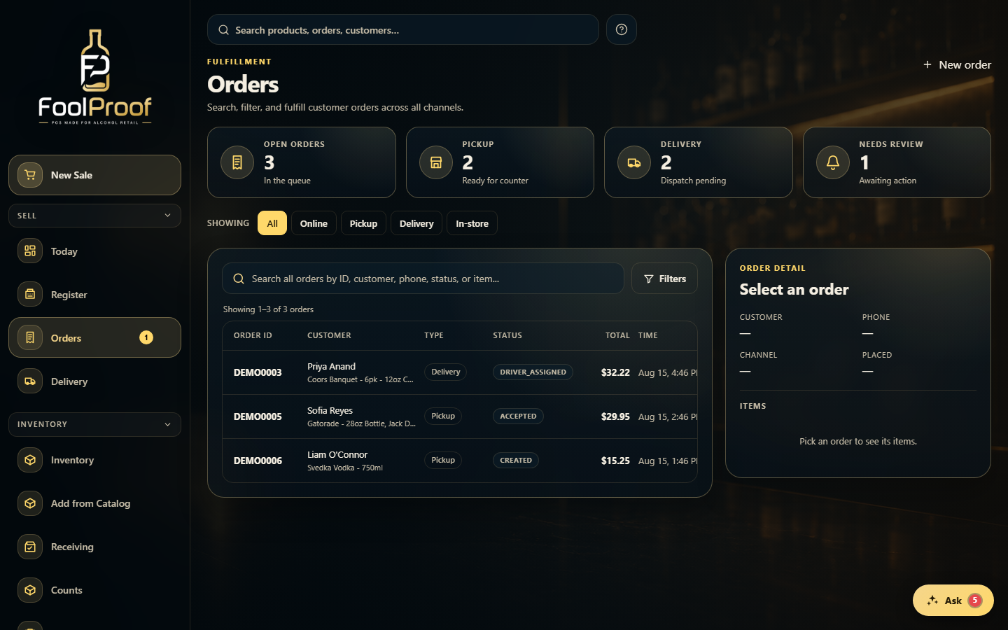 The Orders page: status tiles and channel filter chips.