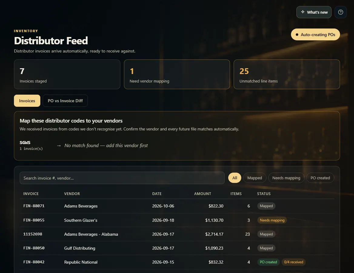 The Distributor Feed: invoice tiles, a distributor code to map, and the invoice list.