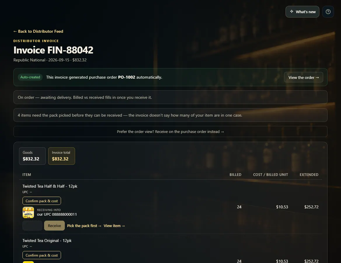 An invoice that created a purchase order, with a receive box and Receive button on each line.