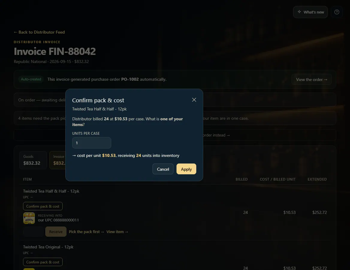 The Confirm pack & cost dialog with a Units per case box and the resulting cost per unit.