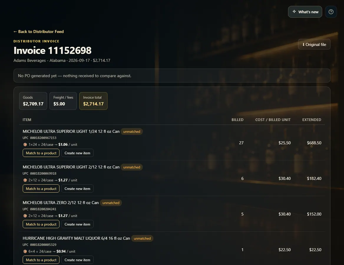 An invoice with unmatched lines, each with Match to a product and Create new item buttons.