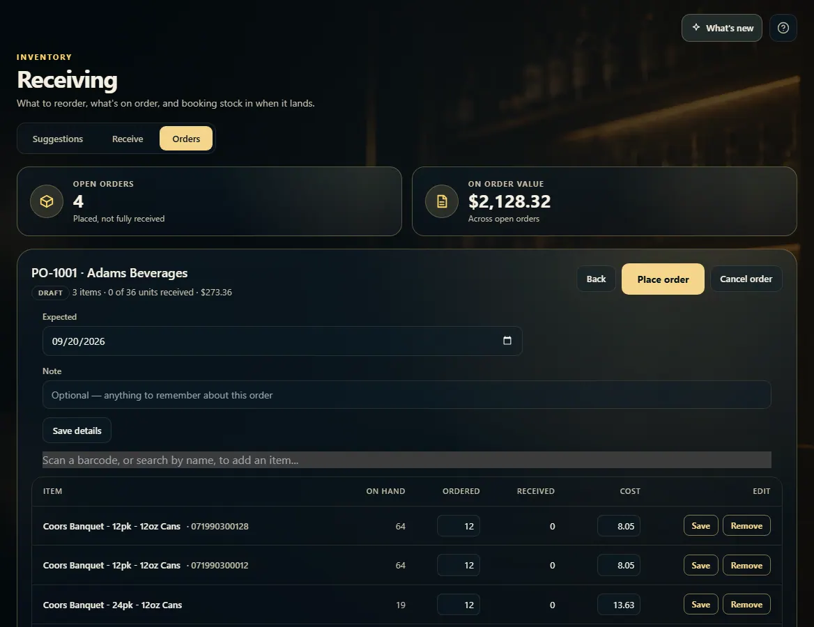 A draft purchase order with editable lines and the Place order button.