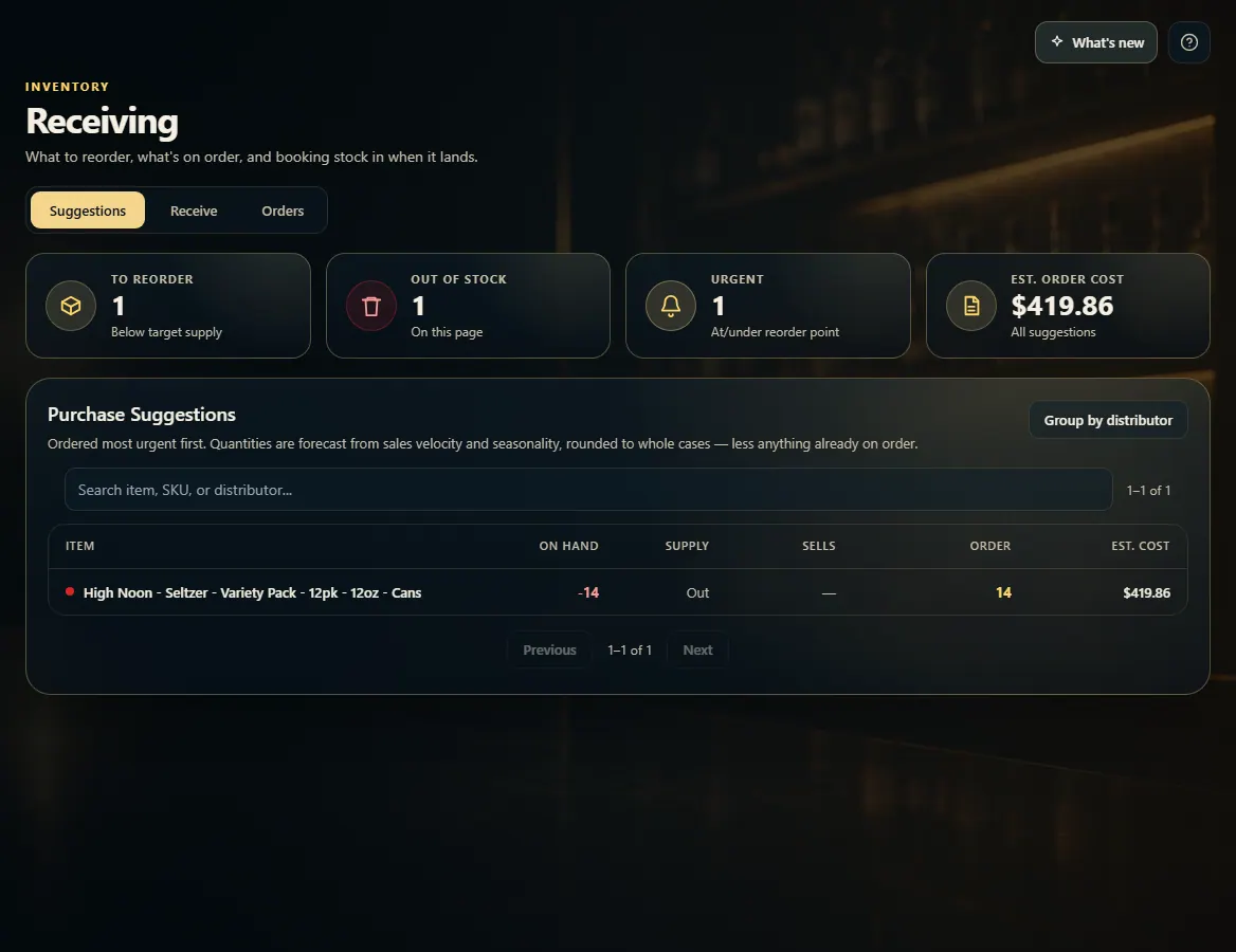 The Suggestions tab with To Reorder, Out of Stock and Urgent tiles and the suggestion list.