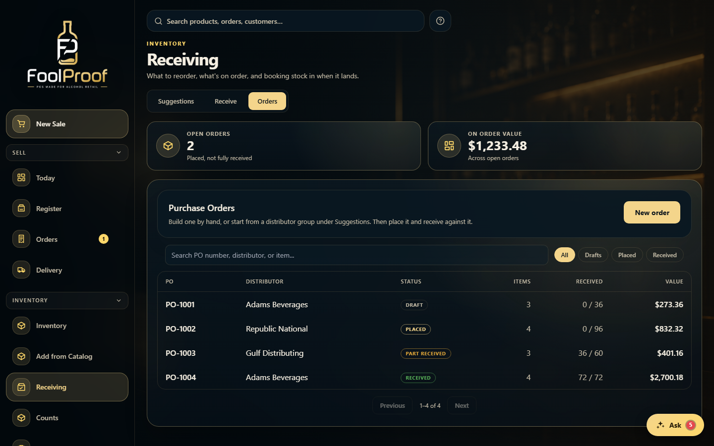 The Receiving Orders tab: on-order tiles and a table of purchase orders with status.
