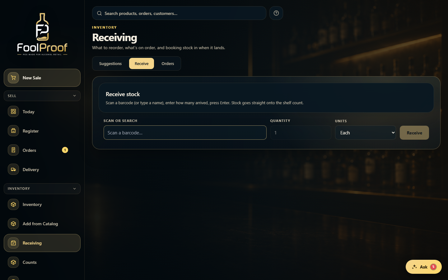 The Receive tab: a scan/search field, quantity, Each/Cases units, and a Receive button.
