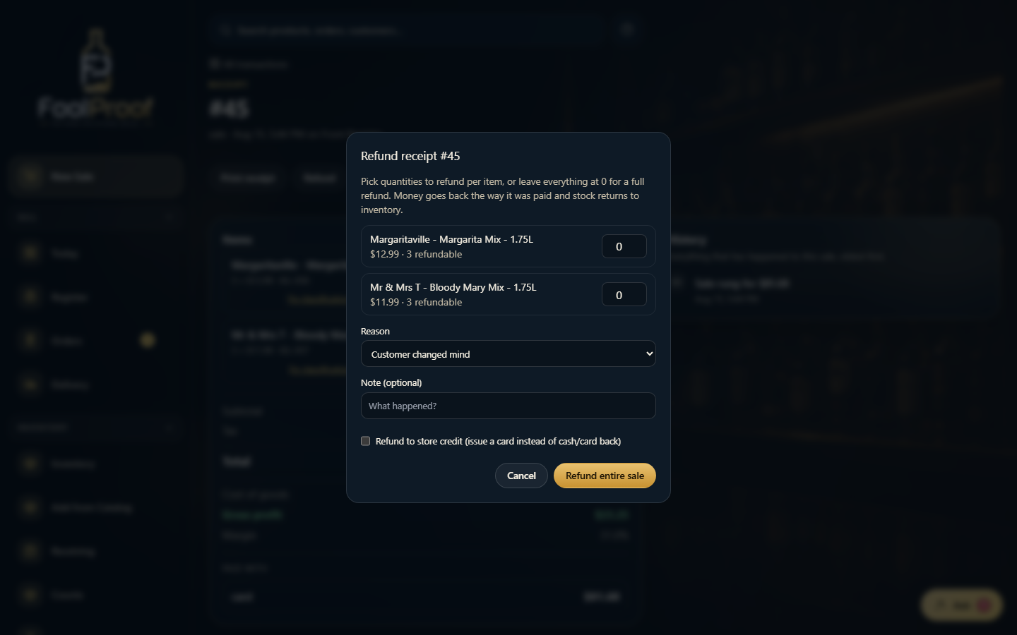 The Refund dialog with per-item quantity fields, a reason, and a refund button.