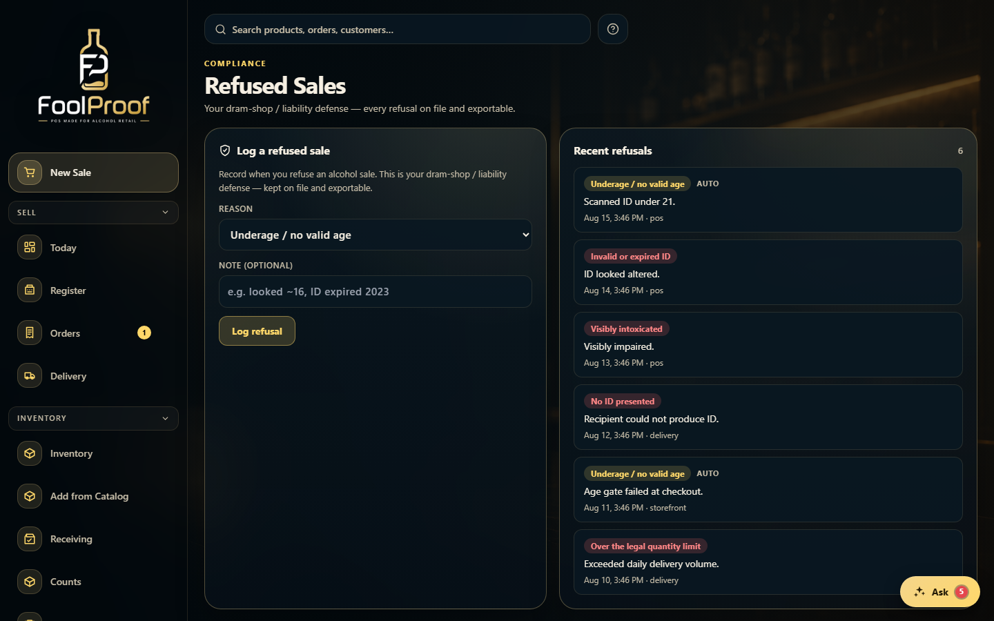 The Refused Sales log form: a reason dropdown, a note field, and Log refusal.