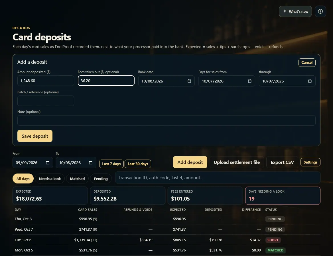 The Add a deposit form: amount, fees, bank date, and the days it pays for.