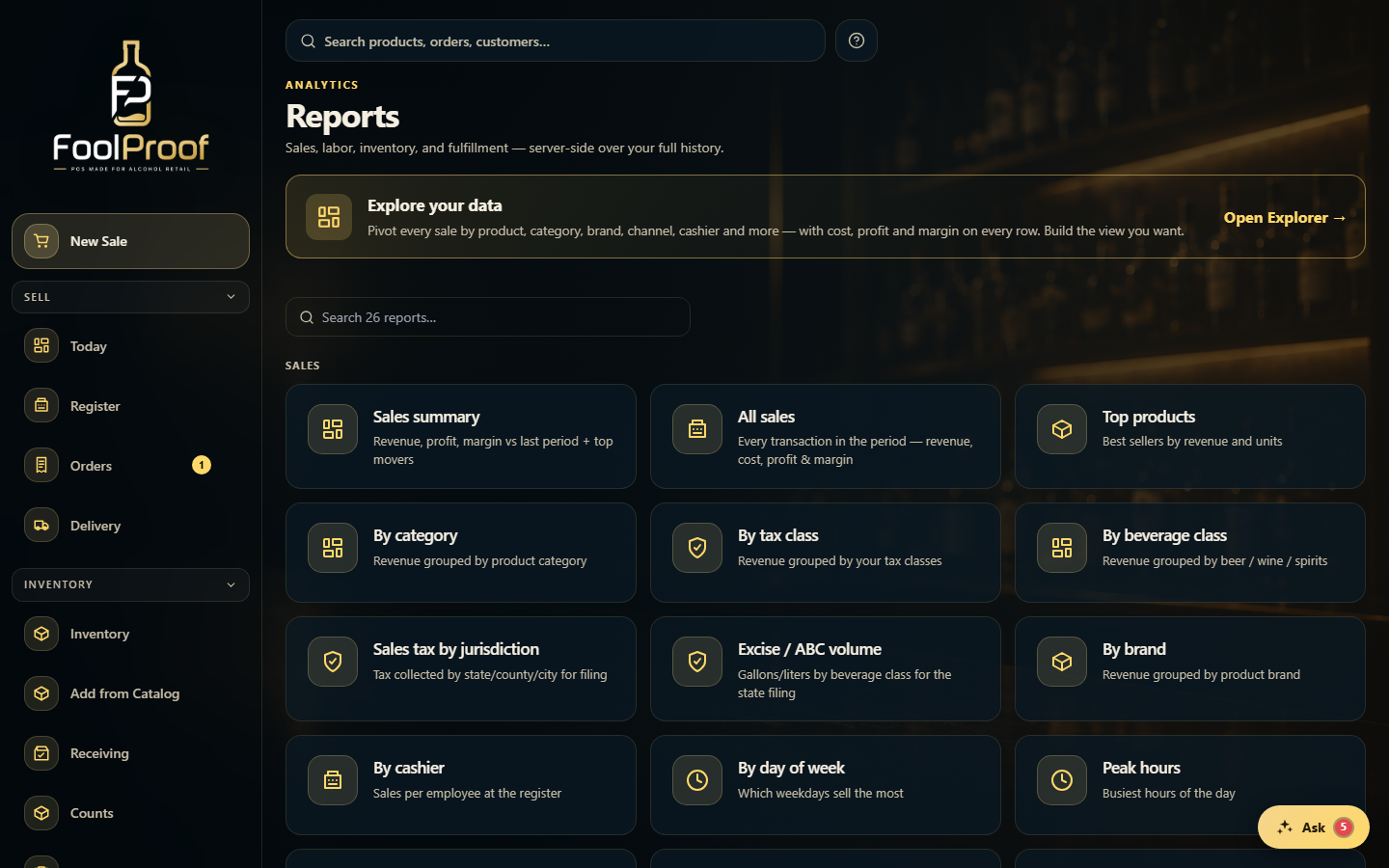 The Reports page: an Explore-your-data banner and a report search box.